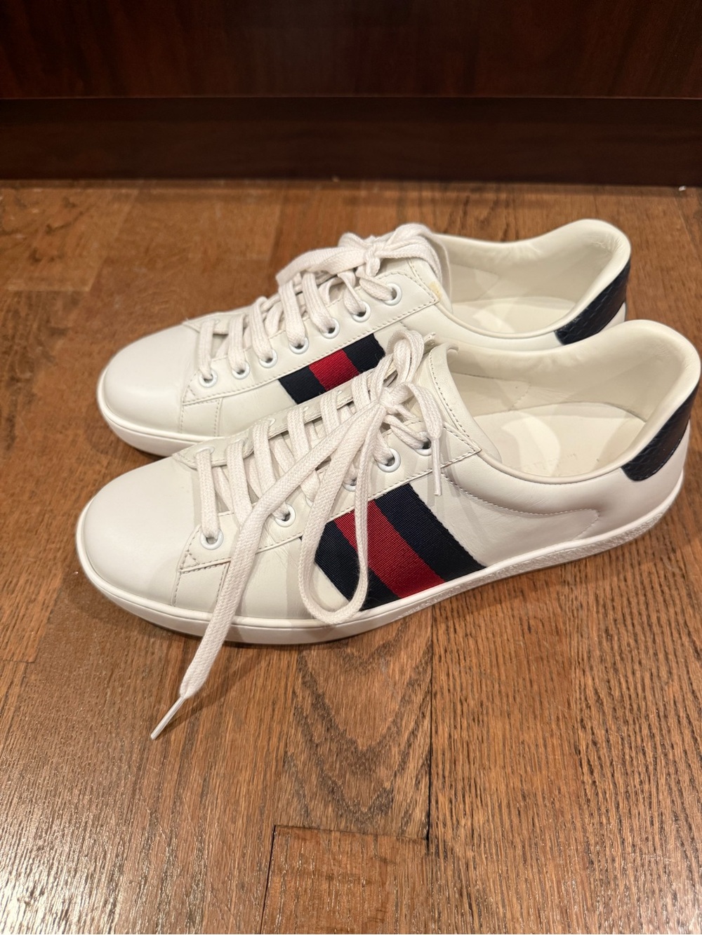 Gucci Ace Classic White Leather Web Stripe Sneakers Navy Snakeskin Heel